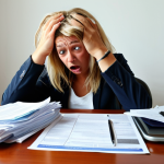 **A stressed traveler overwhelmed by travel insurance documents.** *A person sitting at a table covered in travel insurance paperwork, looking frustrated and confused. Highlight the jargon-filled policy documents, emphasizing terms like "deductible" and "exclusion." Use a slightly humorous, exaggerated style to convey the feeling of being overwhelmed.*