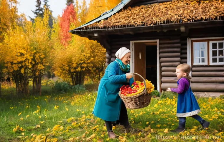러시아 국민들의 여가활동 - **"A vibrant, multi-generational Russian family enjoying a sunny autumn day at their dacha. Children...