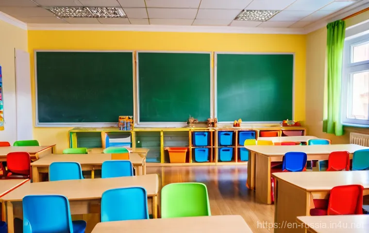 러시아 학교 시스템 - **Prompt: A vibrant and colorful Russian preschool classroom filled with curious children aged 4-