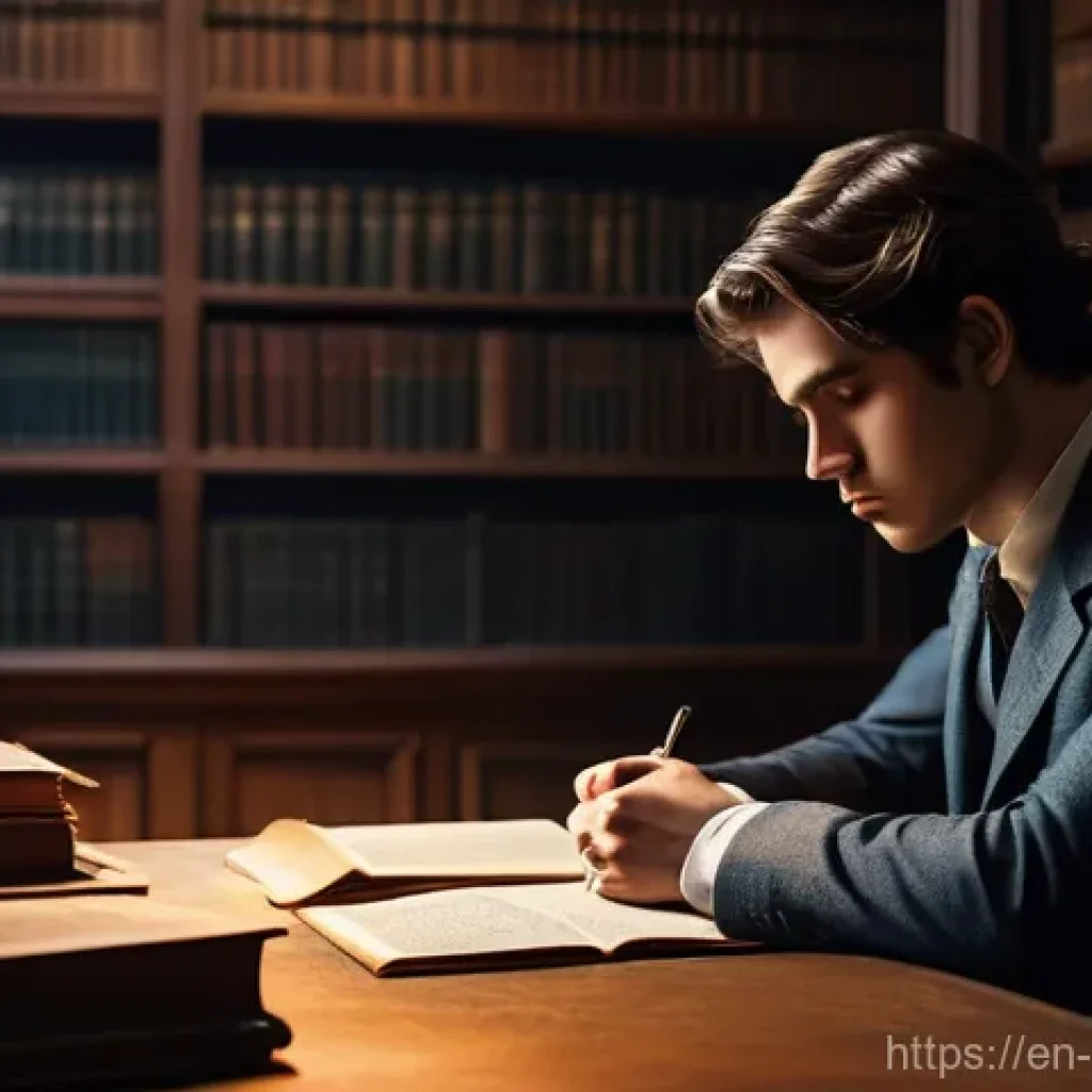 러시아 문학과 시 - A deeply introspective young man, fully clothed in a modest 19th-century suit, sits hunched over a w...