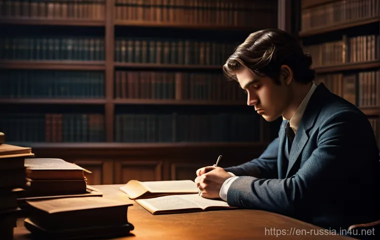 러시아 문학과 시 - A deeply introspective young man, fully clothed in a modest 19th-century suit, sits hunched over a w...