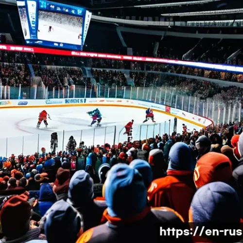 러시아에서 인기 있는 스포츠 - A dynamic ice hockey game scene inside a packed Moscow arena, featuring players in full protective g...