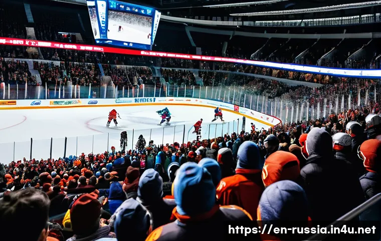 러시아에서 인기 있는 스포츠 - A dynamic ice hockey game scene inside a packed Moscow arena, featuring players in full protective g...