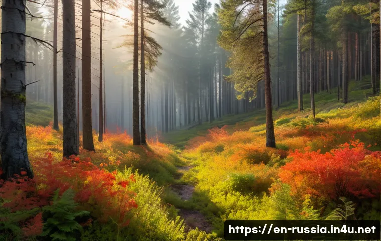 러시아 숲과 국립공원 - A panoramic view of the Siberian taiga forest in early autumn, featuring towering Siberian pine tree...