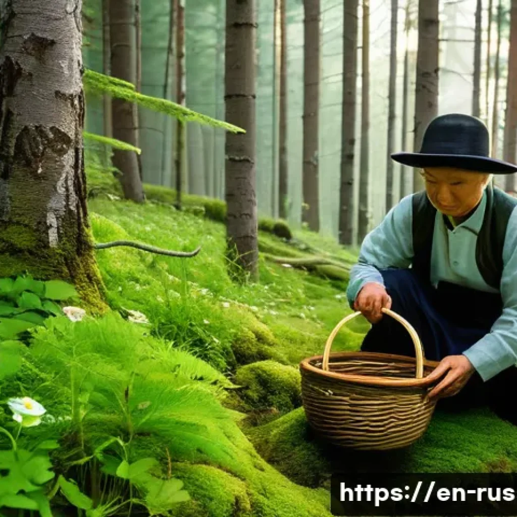 러시아 전통 의학 - A serene Siberian forest scene at dawn, with soft mist weaving through towering pine and birch trees...