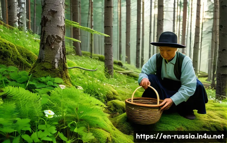 러시아 전통 의학 - A serene Siberian forest scene at dawn, with soft mist weaving through towering pine and birch trees...