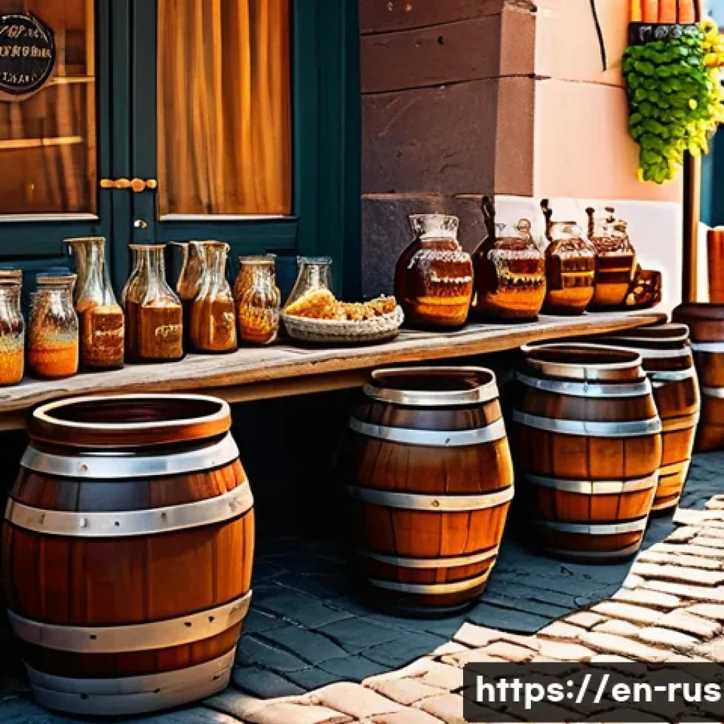 러시아 음료 추천 - A rustic Russian street market scene featuring a wooden stall adorned with traditional earthenware j...