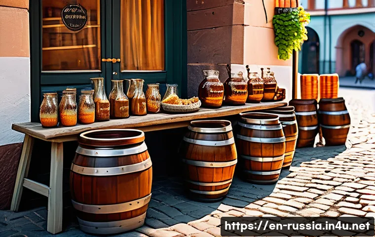 러시아 음료 추천 - A rustic Russian street market scene featuring a wooden stall adorned with traditional earthenware j...