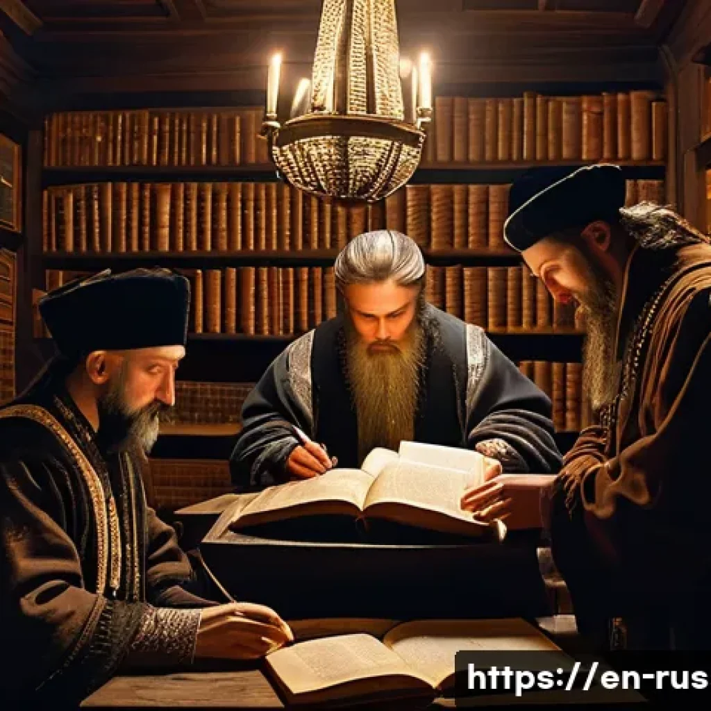 러시아 언어학의 발전 - A detailed historical study scene in an 18th-century Eastern European scholarly library, featuring a...