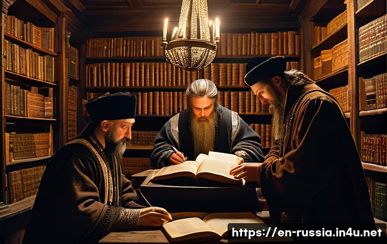 러시아 언어학의 발전 - A detailed historical study scene in an 18th-century Eastern European scholarly library, featuring a...