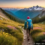 러시아의 산악 지형 - A serene remote mountain trail winding through dense pine forests and wildflower meadows under a sof...