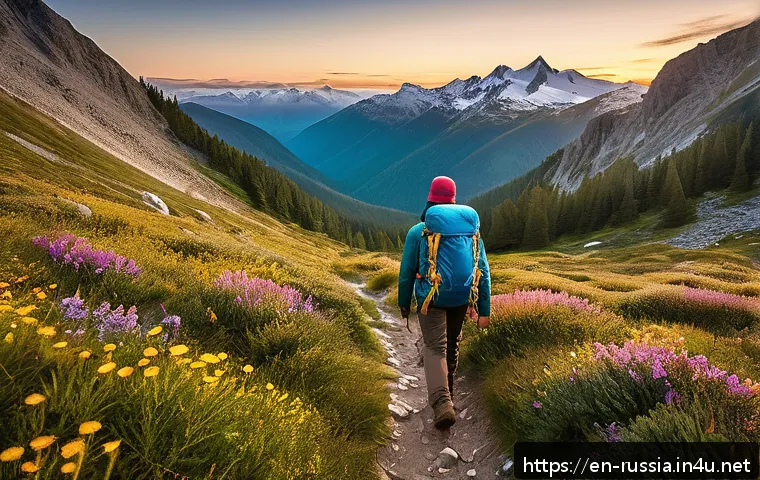 러시아의 산악 지형 - A serene remote mountain trail winding through dense pine forests and wildflower meadows under a sof...