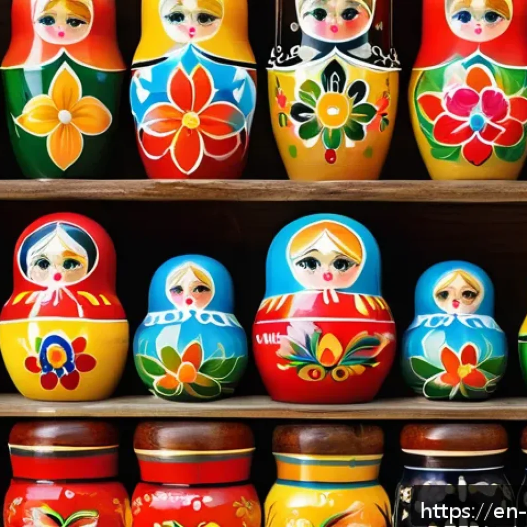 러시아 기념품 쇼핑 팁 - A close-up of a traditional Russian Matryoshka doll set, hand-painted with vibrant yet balanced colo...