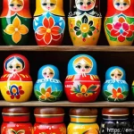 러시아 기념품 쇼핑 팁 - A close-up of a traditional Russian Matryoshka doll set, hand-painted with vibrant yet balanced colo...