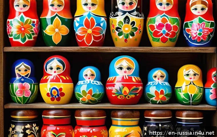 러시아 기념품 쇼핑 팁 - A close-up of a traditional Russian Matryoshka doll set, hand-painted with vibrant yet balanced colo...