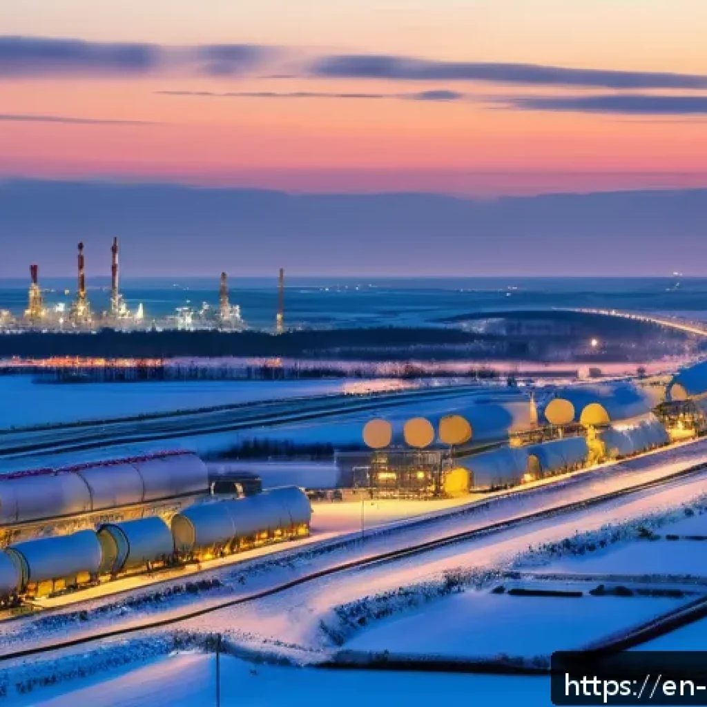 러시아의 주요 수출 품목 - A detailed industrial landscape at dusk featuring a sprawling natural gas pipeline network including...