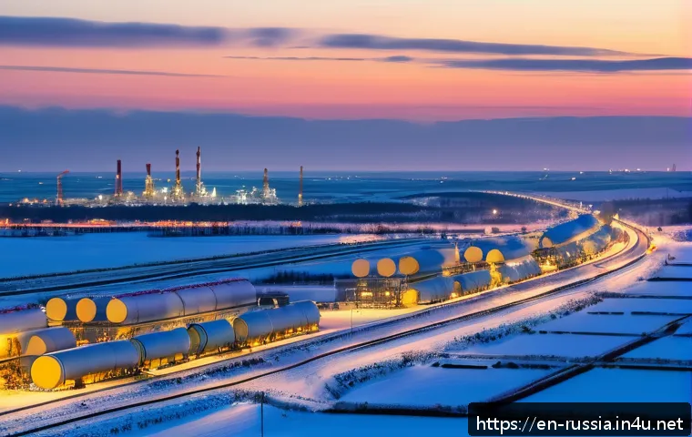 러시아의 주요 수출 품목 - A detailed industrial landscape at dusk featuring a sprawling natural gas pipeline network including...