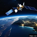 러시아의 위성 통신 기술 - A futuristic satellite constellation in low Earth orbit (LEO) depicted at night above Earth, featuri...