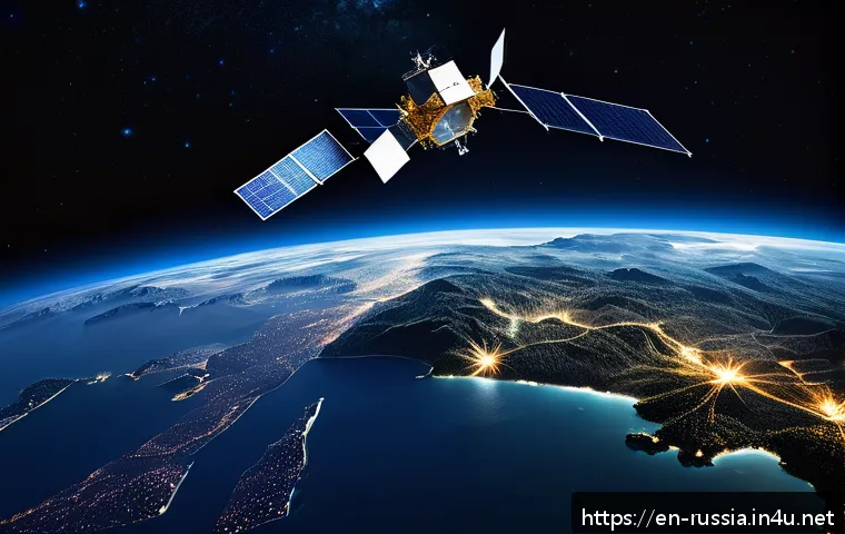 러시아의 위성 통신 기술 - A futuristic satellite constellation in low Earth orbit (LEO) depicted at night above Earth, featuri...