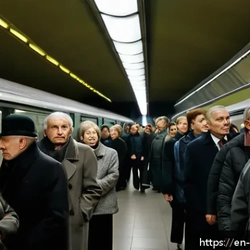 러시아에서 살아보기 경험담 - A bustling Moscow metro station during rush hour, filled with diverse commuters patiently queuing in...