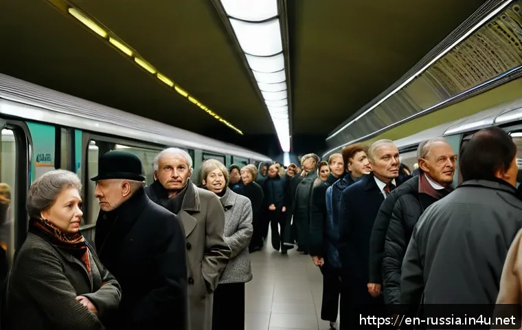 러시아에서 살아보기 경험담 - A bustling Moscow metro station during rush hour, filled with diverse commuters patiently queuing in...