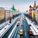 러시아의 주요 도로명과 안내 - A vibrant city street scene in Moscow during rush hour, showcasing the iconic concentric ring roads ...