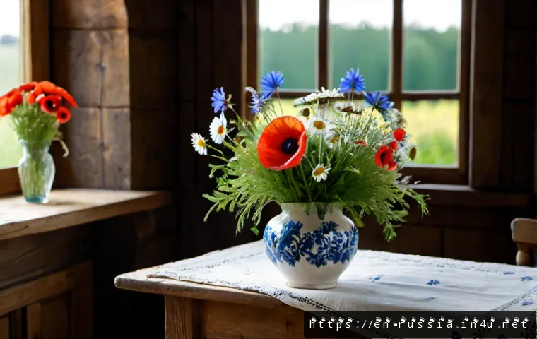러시아 전통 꽃꽂이 예술 - Photorealistic Russian traditional floral arrangement in an ornate painted wooden vase, lush wildflo...