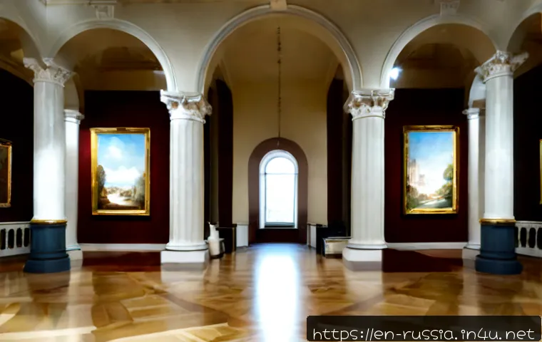 러시아 국립 박물관 탐방 - Photorealistic wide-angle view inside a grand Russian national art museum, elegant neoclassical gall...